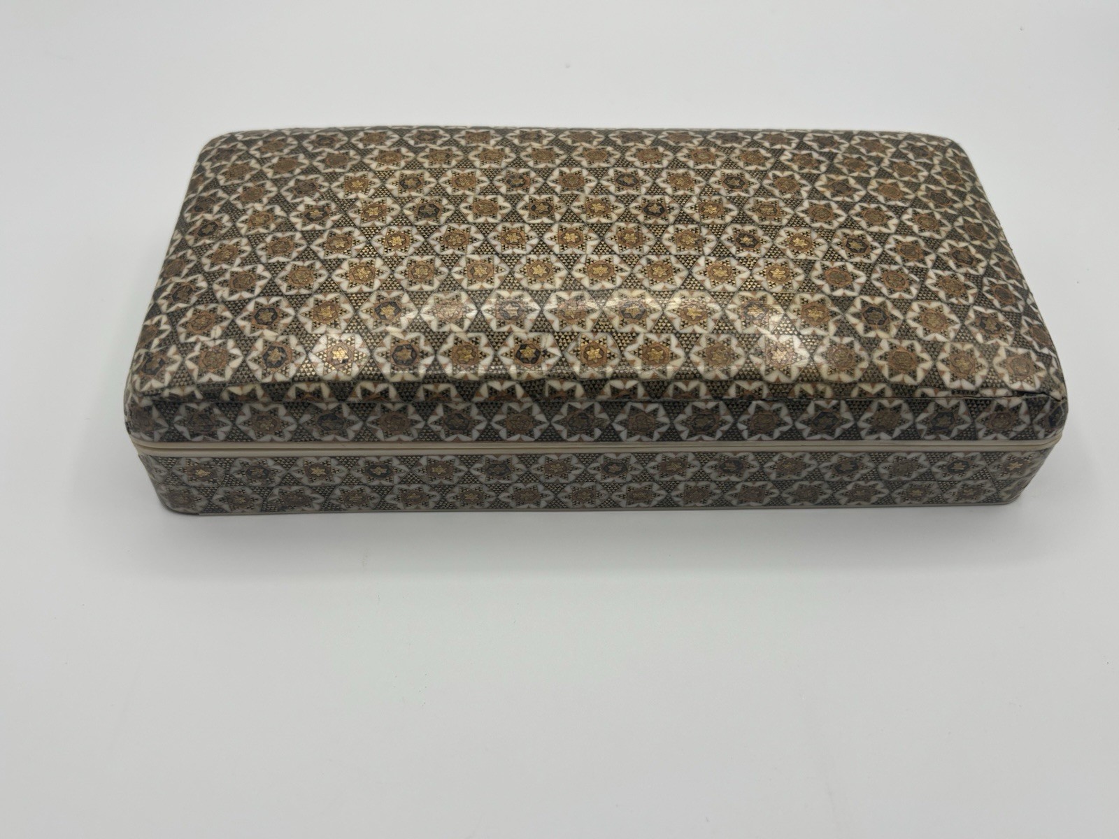 Vintage Persian Khatam Micro Mosaic Inlaid Wood Jewelry Trinket Box 8.5”