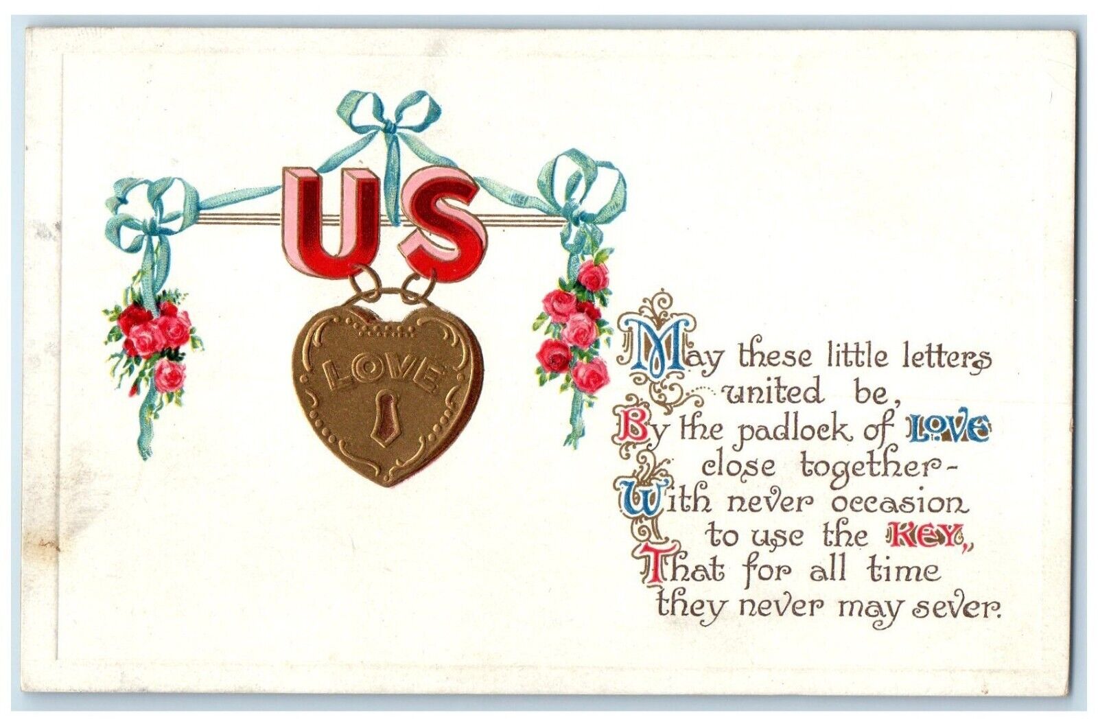 c1910's Valentine Heart Padlock US Of Love Flowers Lunenburg NS Canada Postcard
