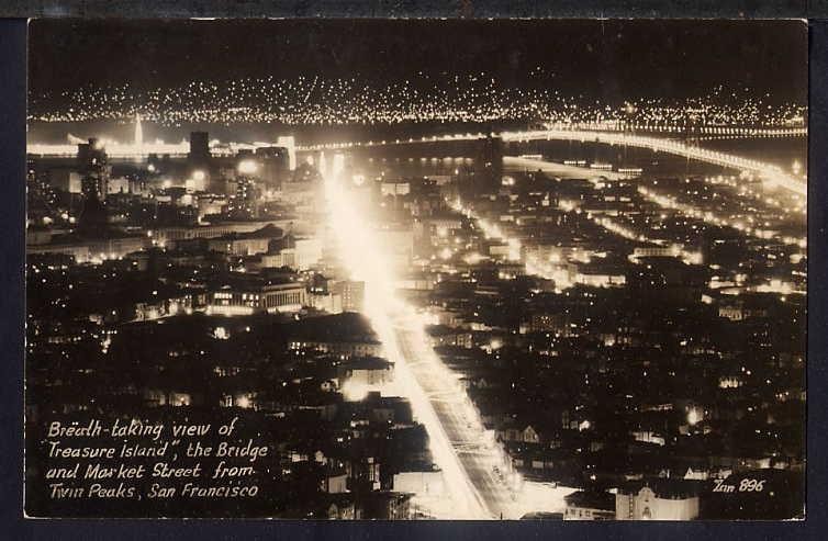 1940 San Francisco TREASURE ISLAND AT NIGHT Worlds Fair Photo Postcard RPPC ZAN