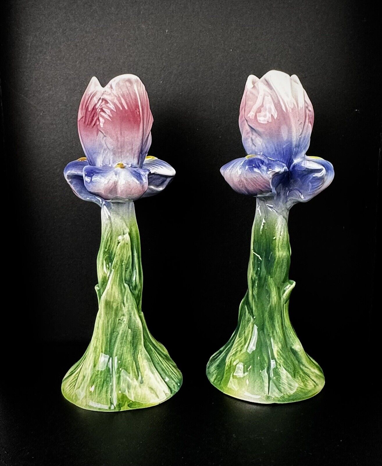 2 Vintage Italian Ceramic Iris Flower Candlestick Holders Hand Painted 8”