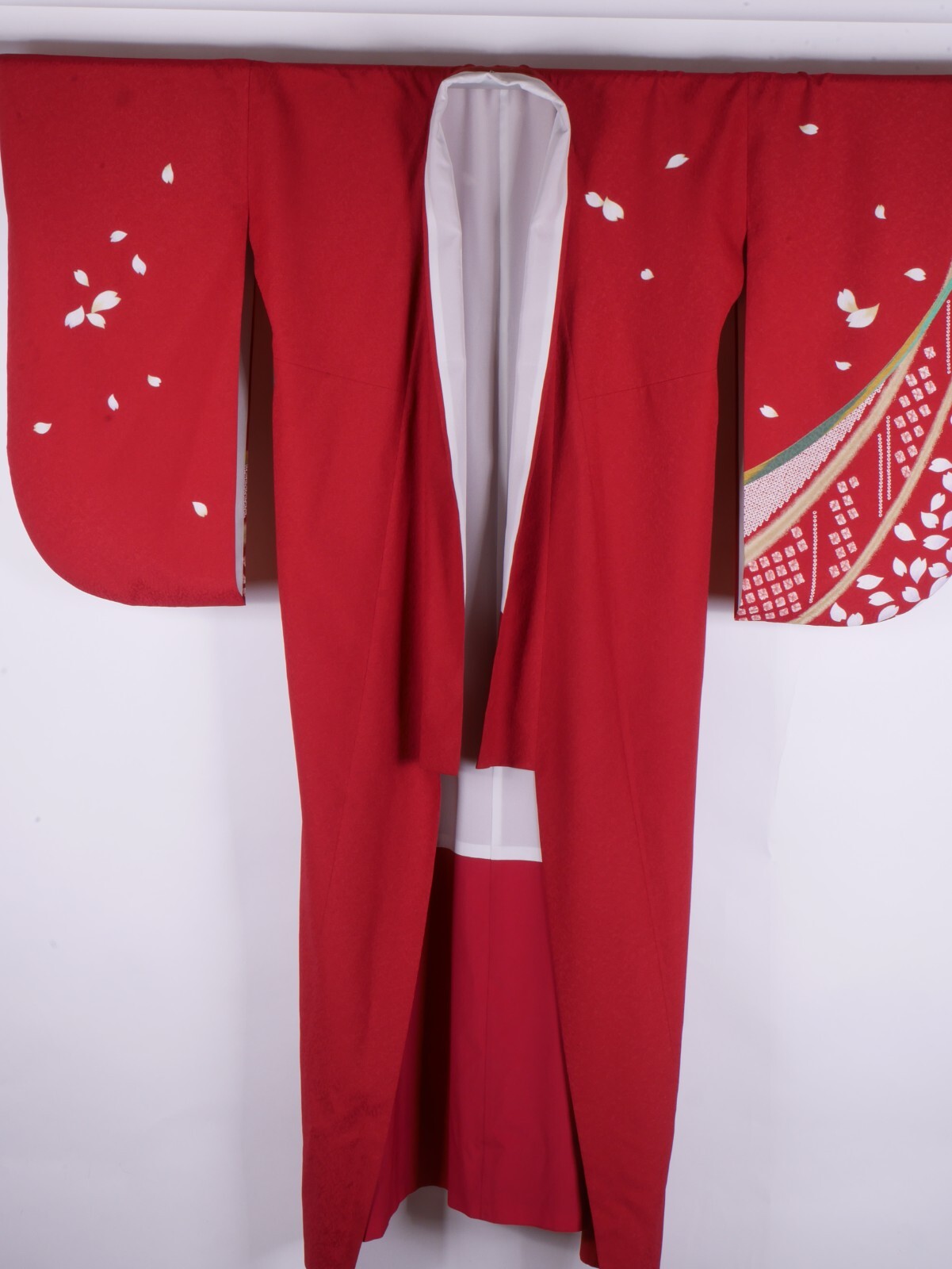 Vintage Hand Sewn Red Silk Japanese Furisode Kimono w/ Sakura Cherry Blossoms Vintage Hand Sewn Red Silk Japanese Furisode Kimono w/ Sakura Cherry Blossoms