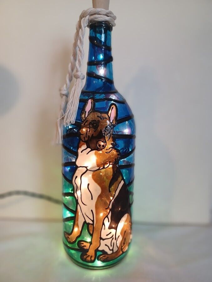 German Shepherd Bottle Lamp Hand painted Stained Glass Look