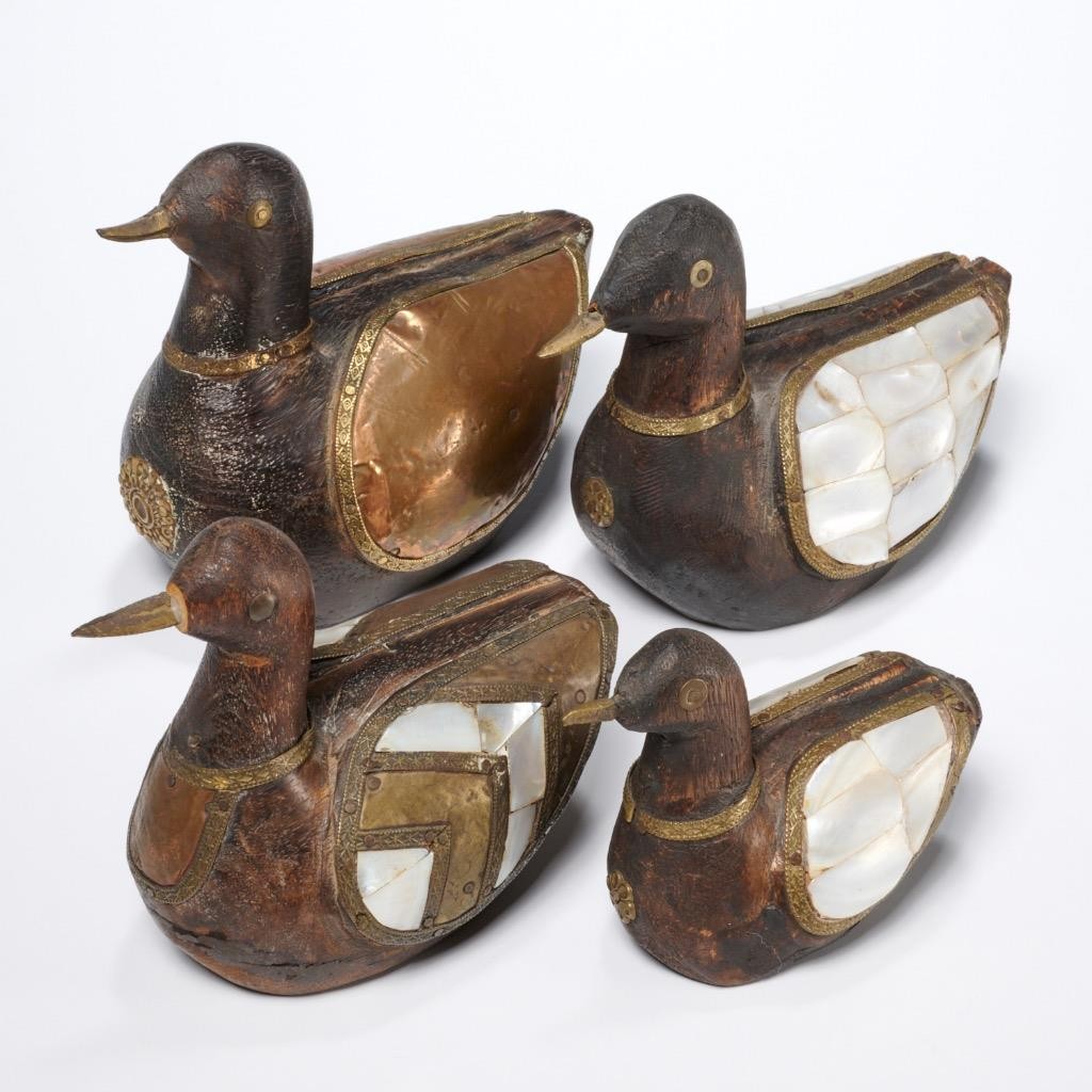 Vtg Wooden Brass Copper Inlaid Shell Duck Decoy Figurine 4pc Lot