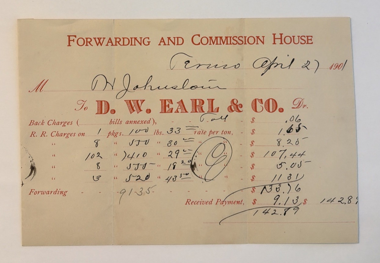 JA71 1901 DW Earl & Co Freight Bill Forwarding & Commission Johnstone Reno, NV