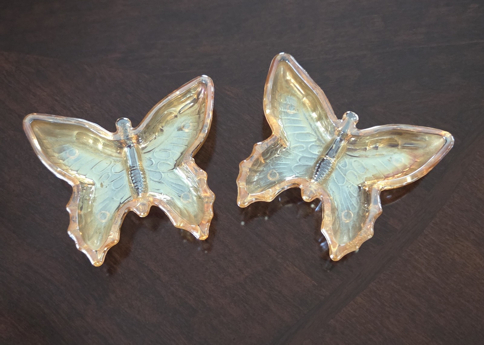 Pair Of Vintage Marigold Carnival Glass Butterfly Tidbit Dishes