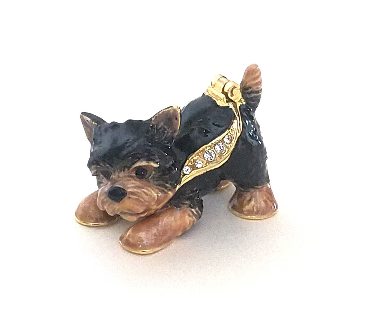 Whiskey the Yorkie Dog Pewter Bejeweled Hinged Miniature Trinket Box Kingspoint 