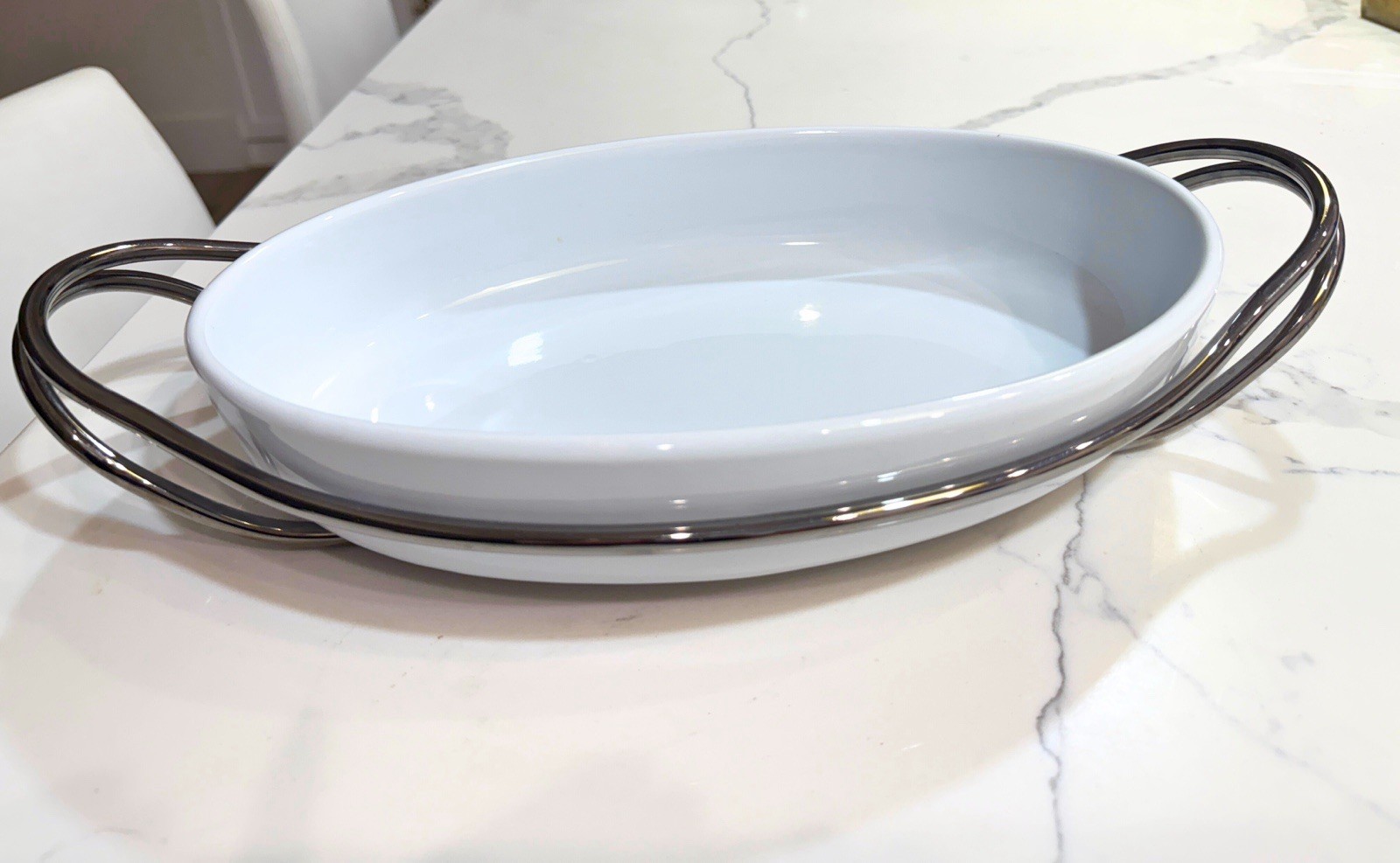 Sambonet New living Oval Porcelain Serving Dish With metal Holder 13.75” x 9.5”