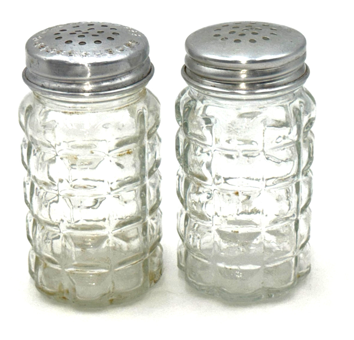 Vintage Clear Glass Salt & Pepper Shakers Set Ribbed Pattern Metal Lids