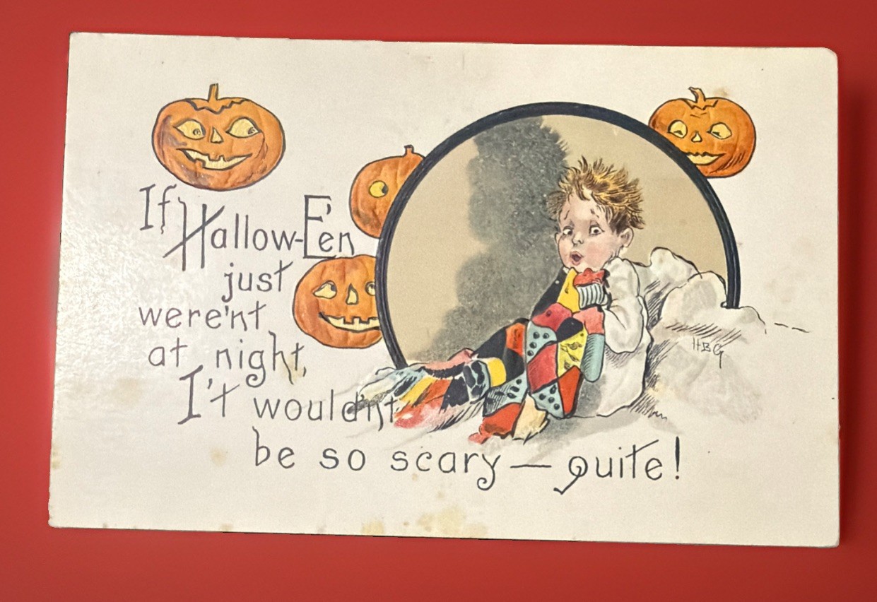 Halloween Postcard HBG 2272 Frightened Child in Bed & Scary Jack O'Lanterns