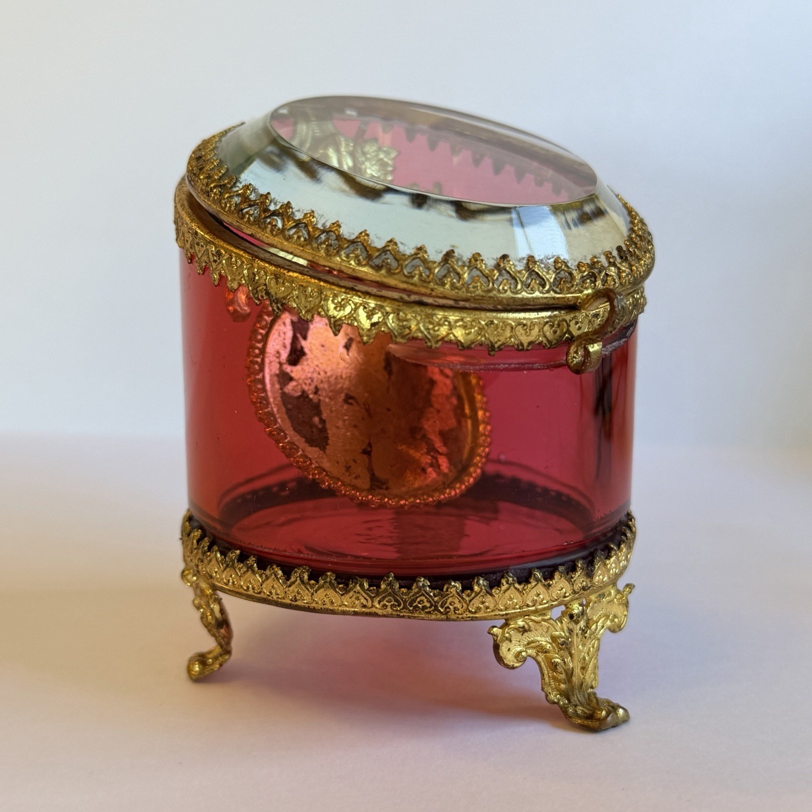 Antique French Cranberry Glass Ormolu Pocket Watch Holder Box 1800s 