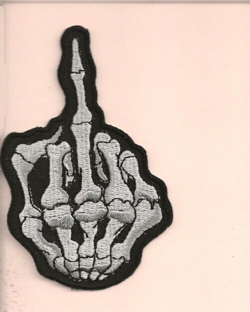 NEW 2 1/2 X 4 INCH SKULL MIDDLE FINGER IRON ON PATCH 