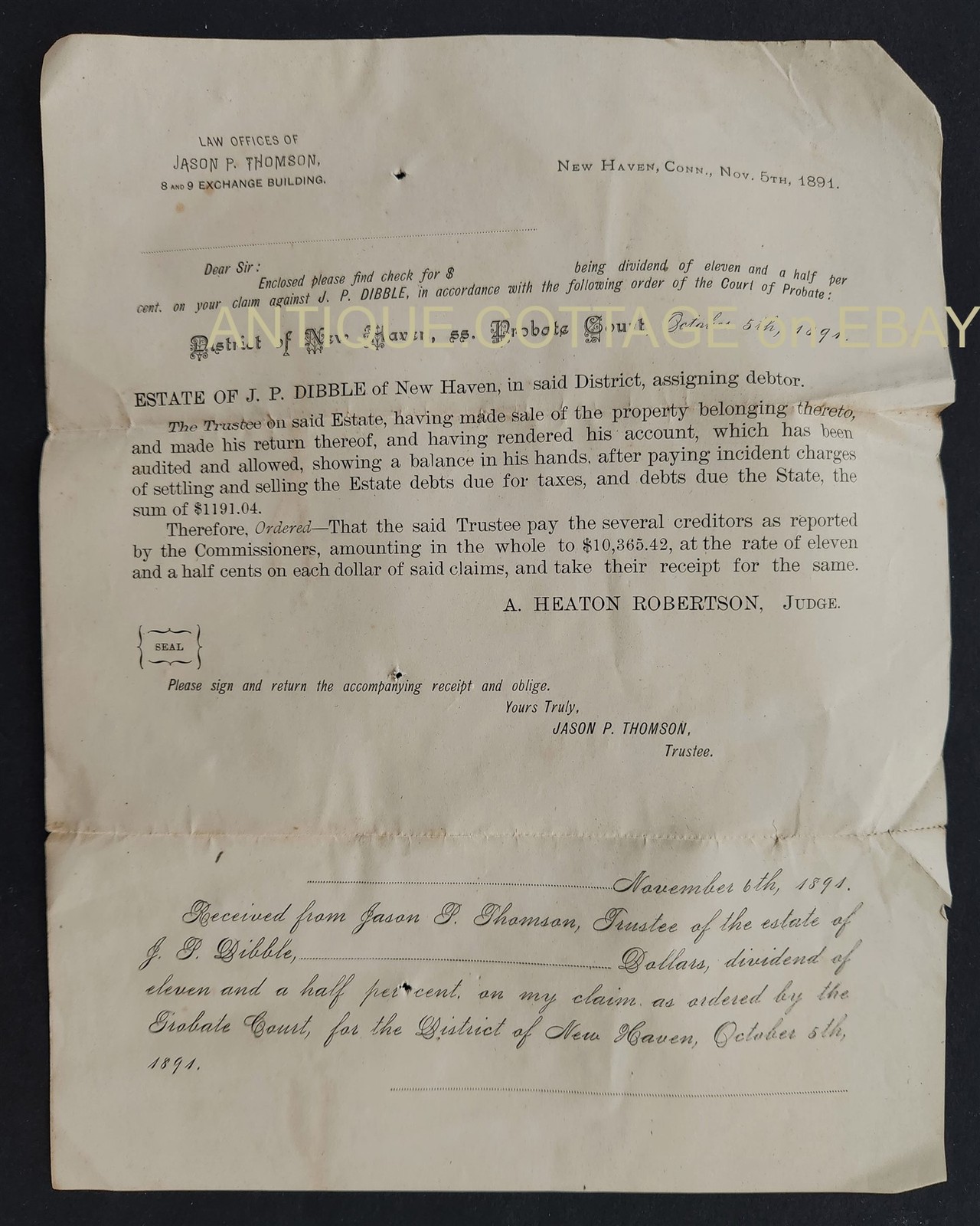 1891 antique J B DIBBLE ESTATE new haven ct LEGAL DOCUMENT to sell pay debt