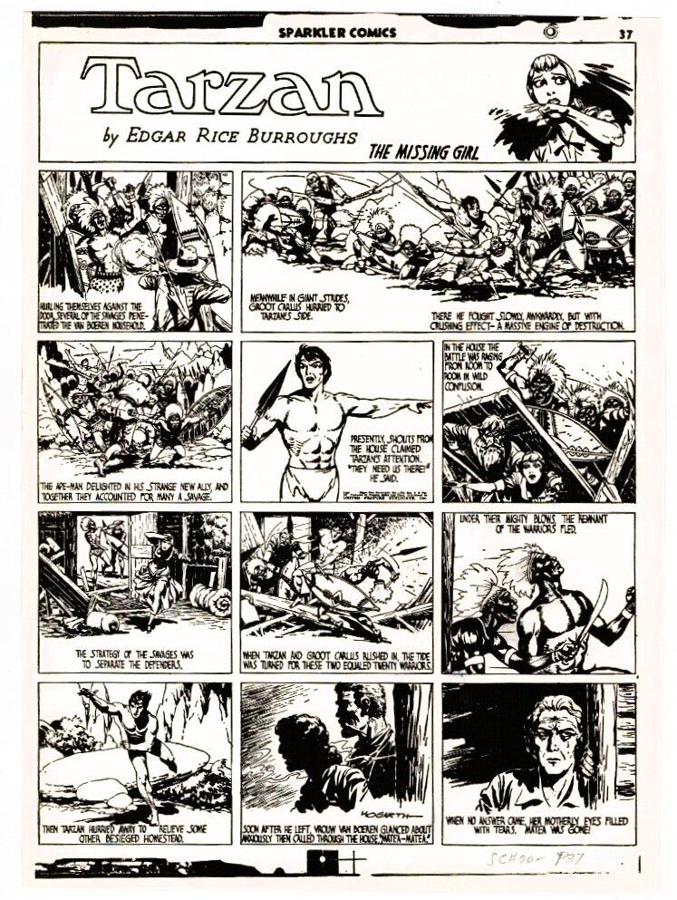 1943 TARZAN SPARKLER COMICS #20 ORIGINAL PRODUCTION ART PAGE BURNE HOGARTH ERB