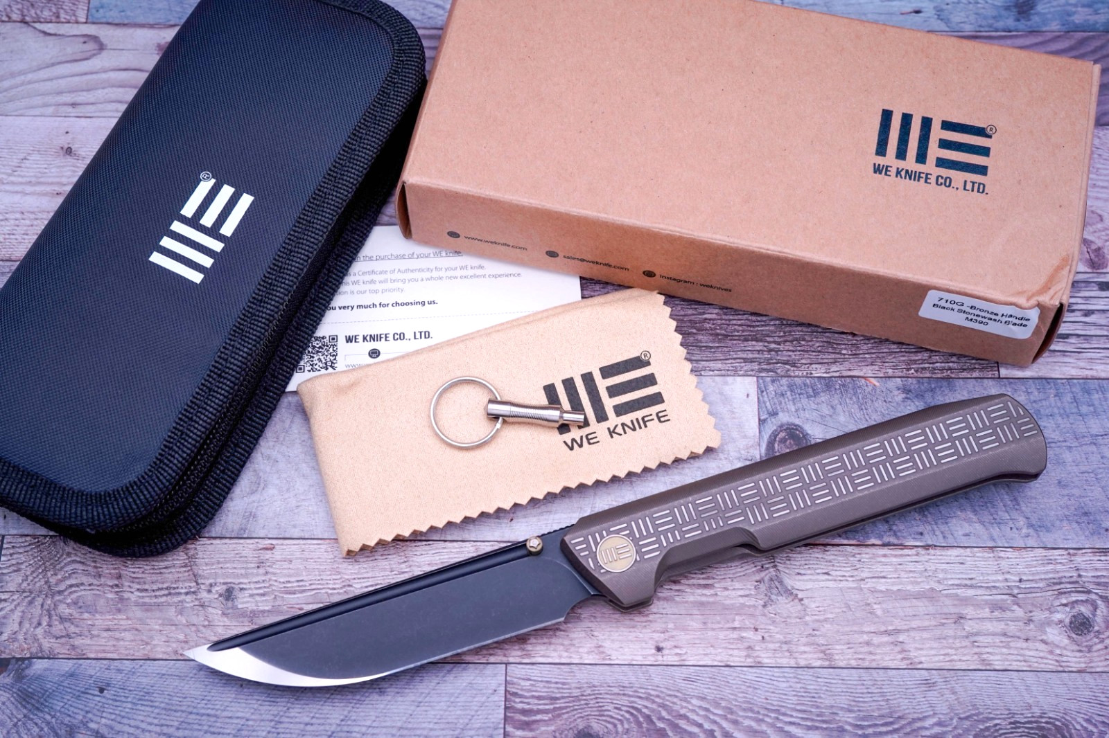 WE Knife 710G, 2-Tone M390 Blade, 2-Tone Bronze Anodized Titanium Handles