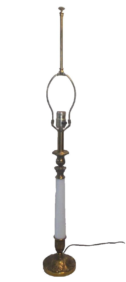 Vintage STIFFEL Hollywood Regency Brass & Opaline Glass Column Table Lamp Signed