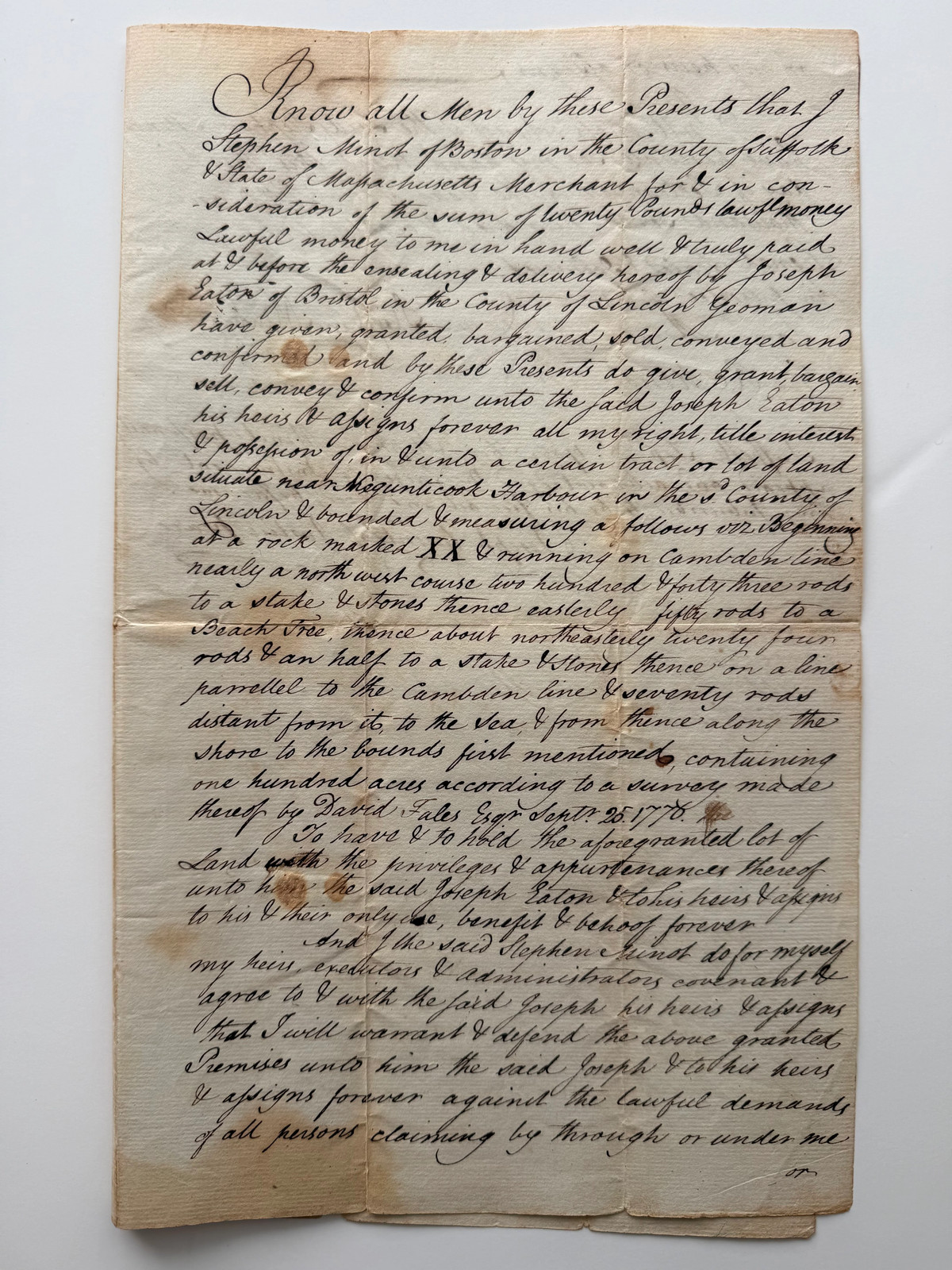 1785 Stephen Minot to Joseph Eaton Manuscript Deed – Early Camden (Megunticook