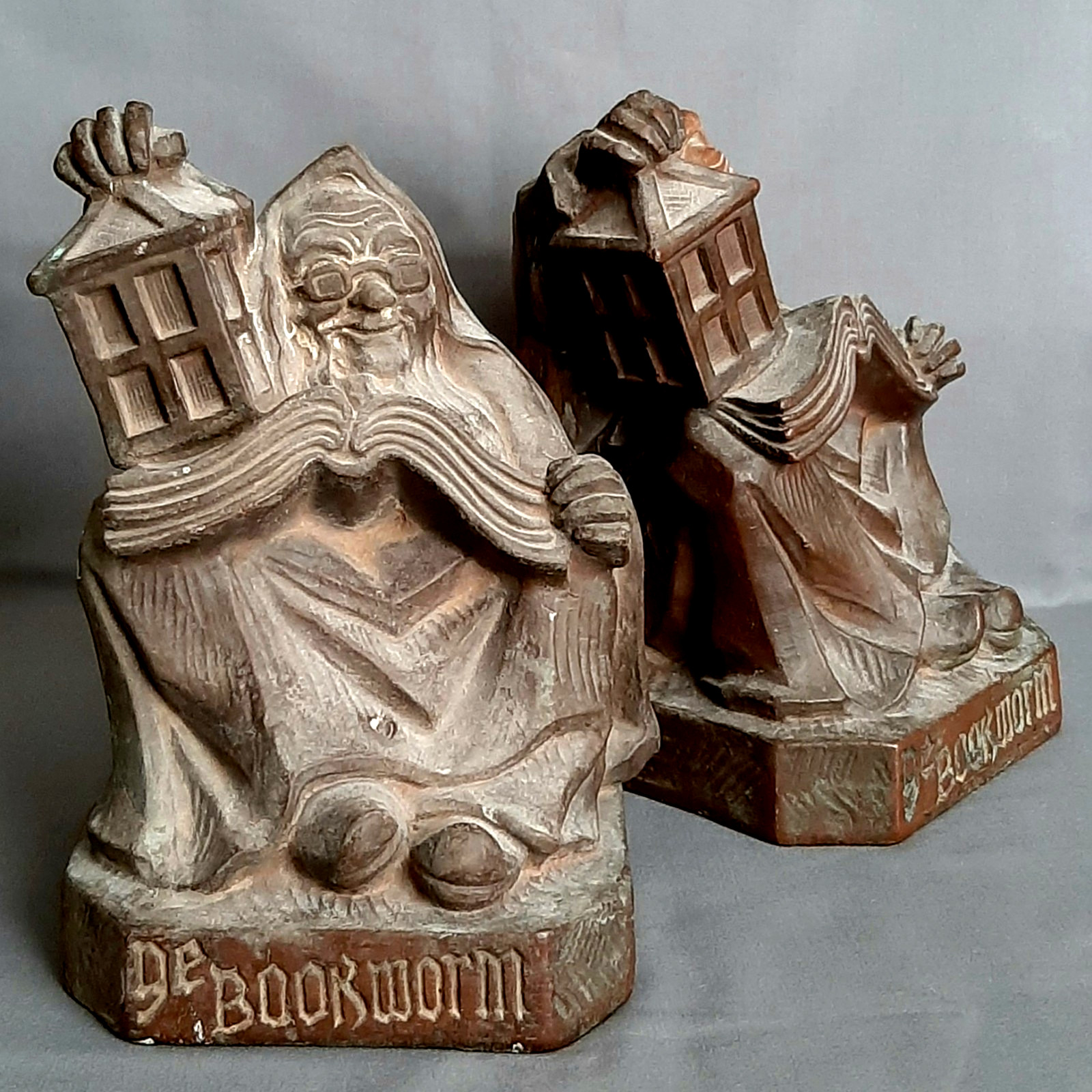 c1915 Antique Armor Bronze Company Ye Bookworm FG Plant Signed Bookends