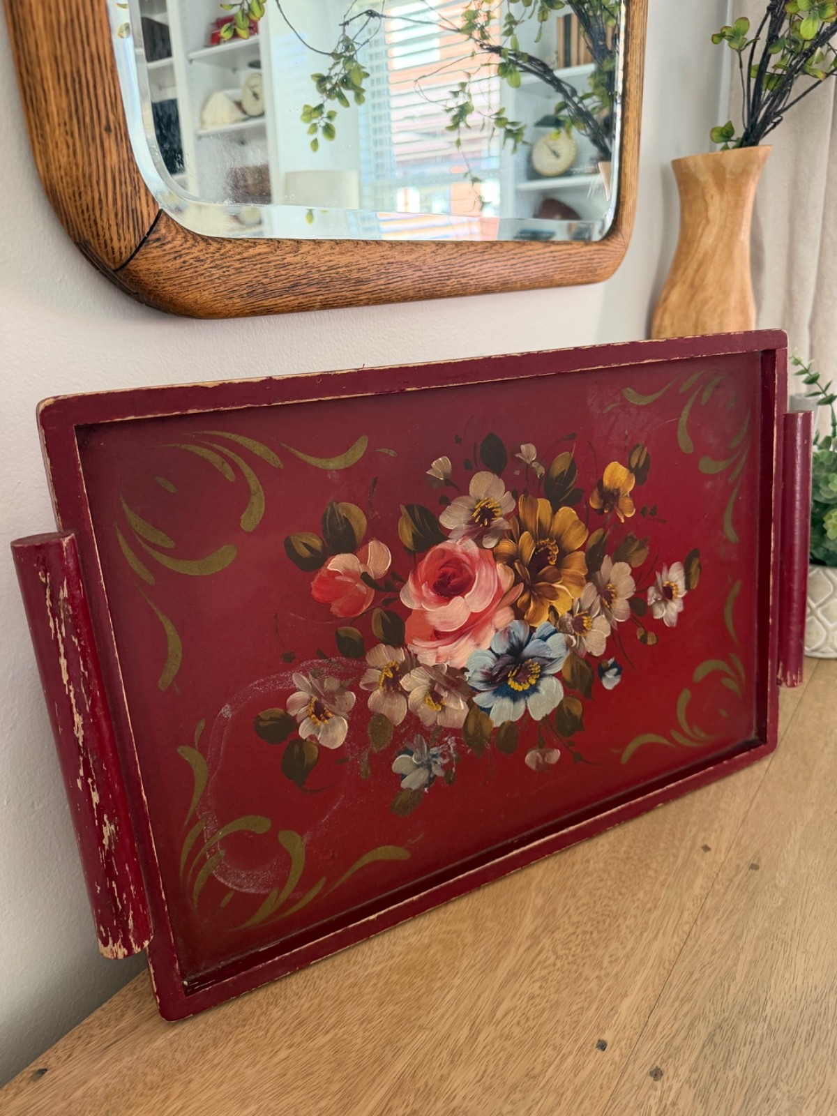 vintage burgandy handpainted floral wooden tray