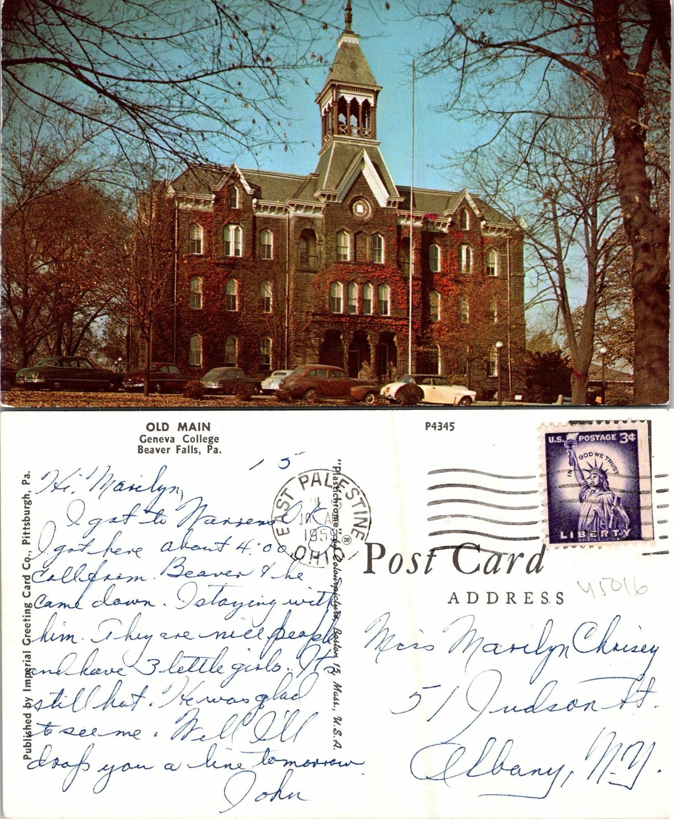 Beaver Falls PA Geneva College Old Main Postcard Used (45016)