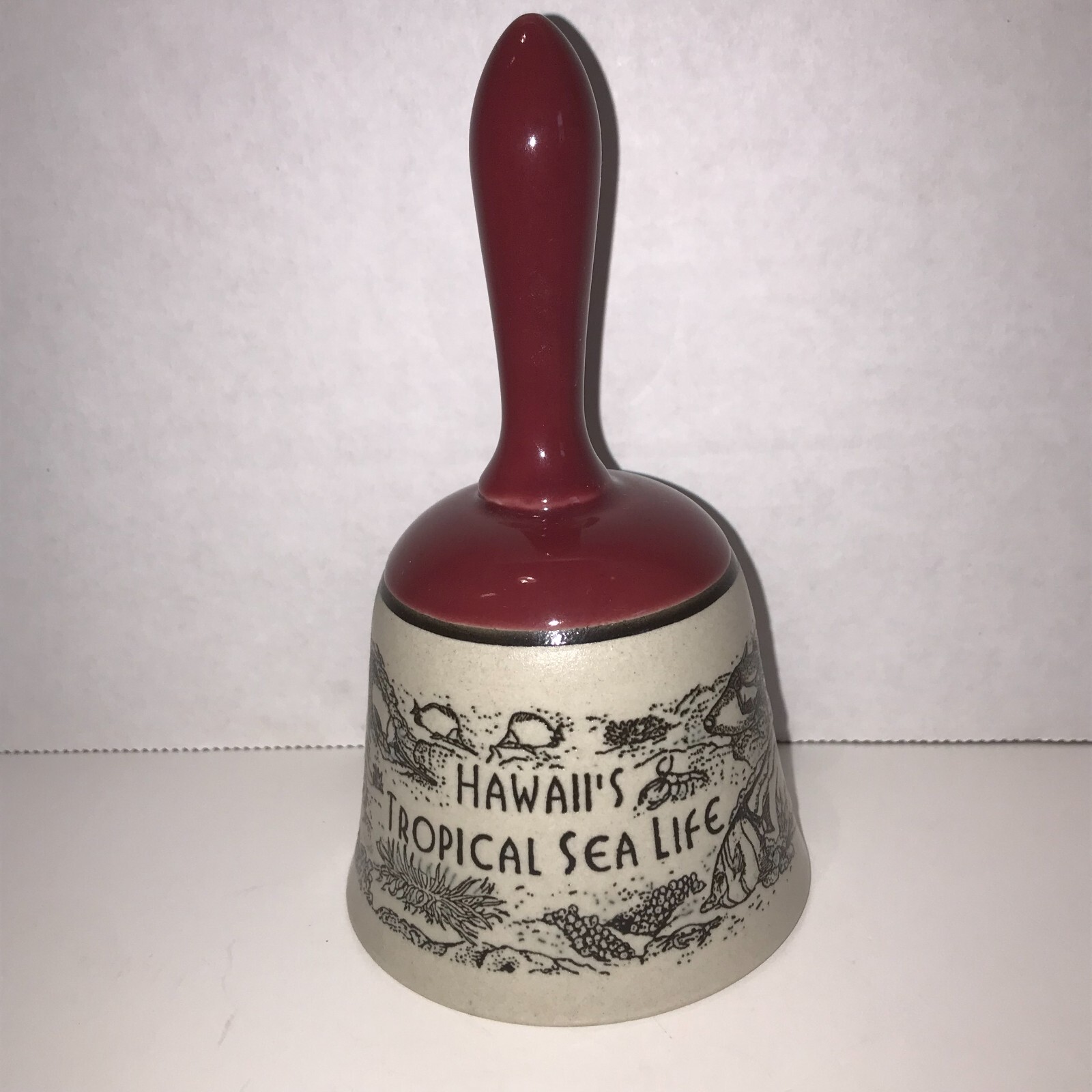 Hawaiian Hawaii Pottery Hand Dinner Bell With Ocean Beach Scenes Pottery Clapper