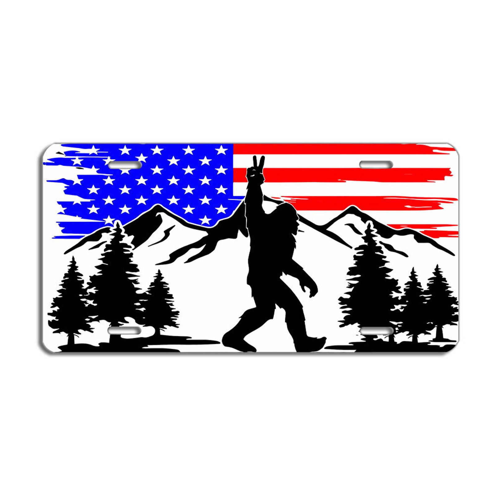 Sasquatch American Flag License Plate - Patriotic Bigfoot Car Tag