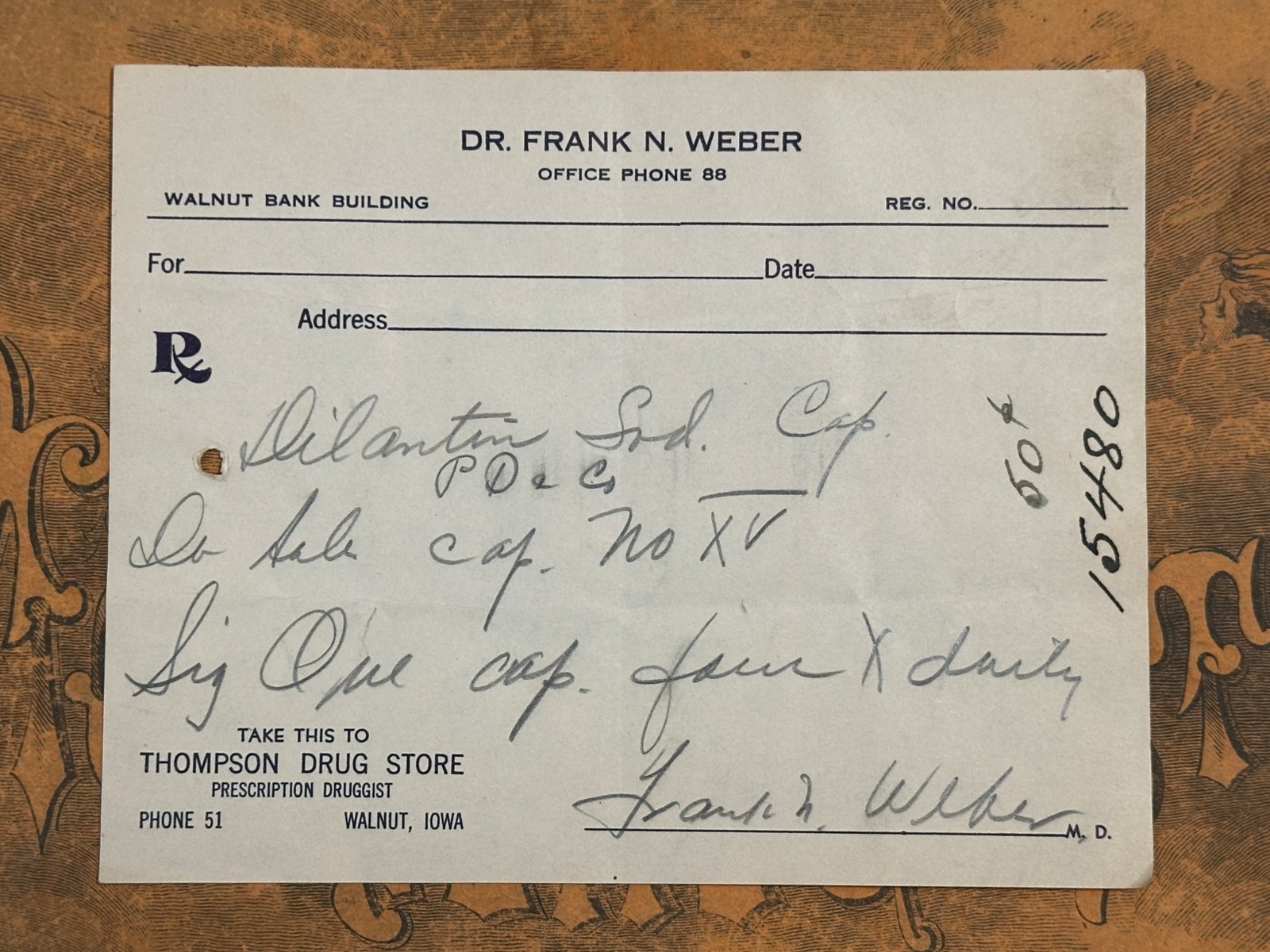 1940s prescription DILANTIN Dr. Frank N. Weber Walnut, Iowa - epilepsy treatment