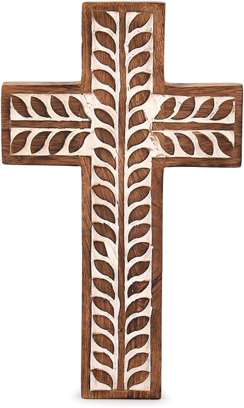 Mango Wood Religious Catholic Cross Wall Hanging Floral Carvings Living Room Hom