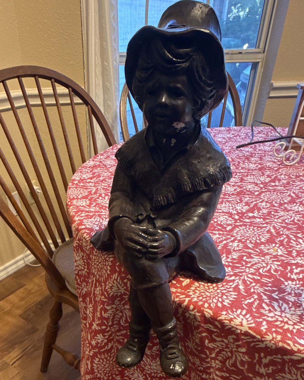K96 Plaster Boy Figurine Metallic Bronze Finish Carved, Signed Finch 1972