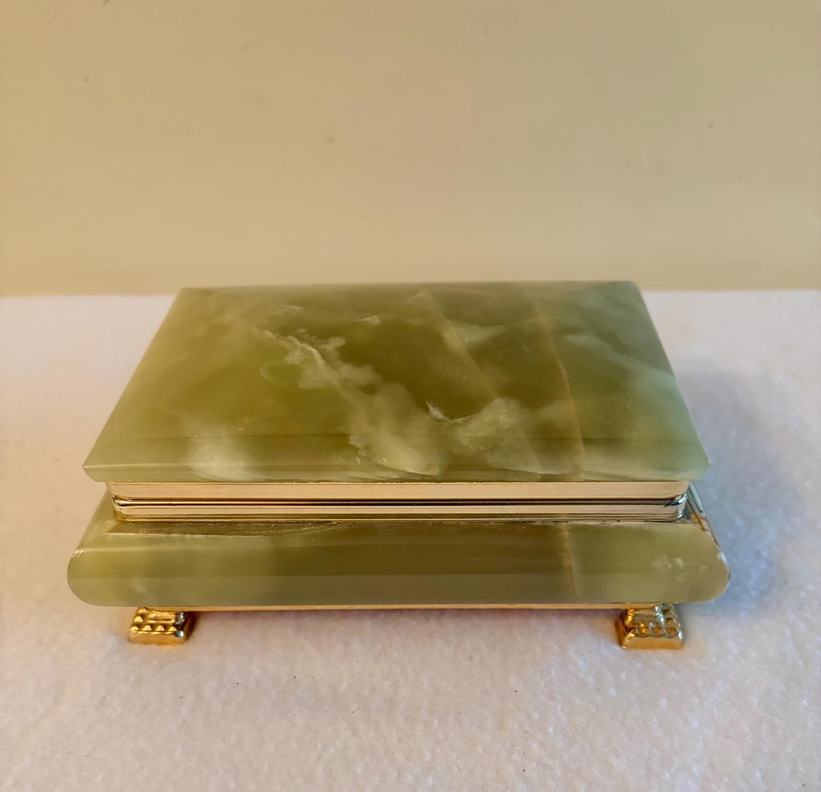 Green Onyx Jewelry Box, Vintage Stone Trinket Box with Gold Trim and Feet
