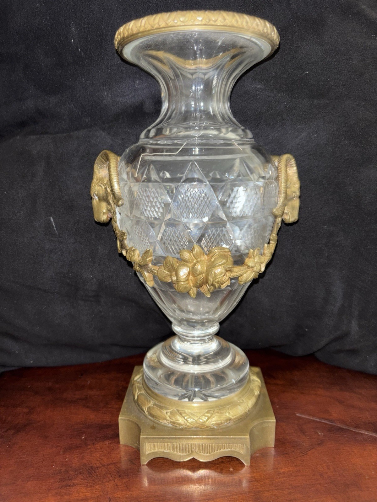 Antique Pair Neoclassical Rams Heads Cut Crystal/ Bronze Dore Austrian Urns