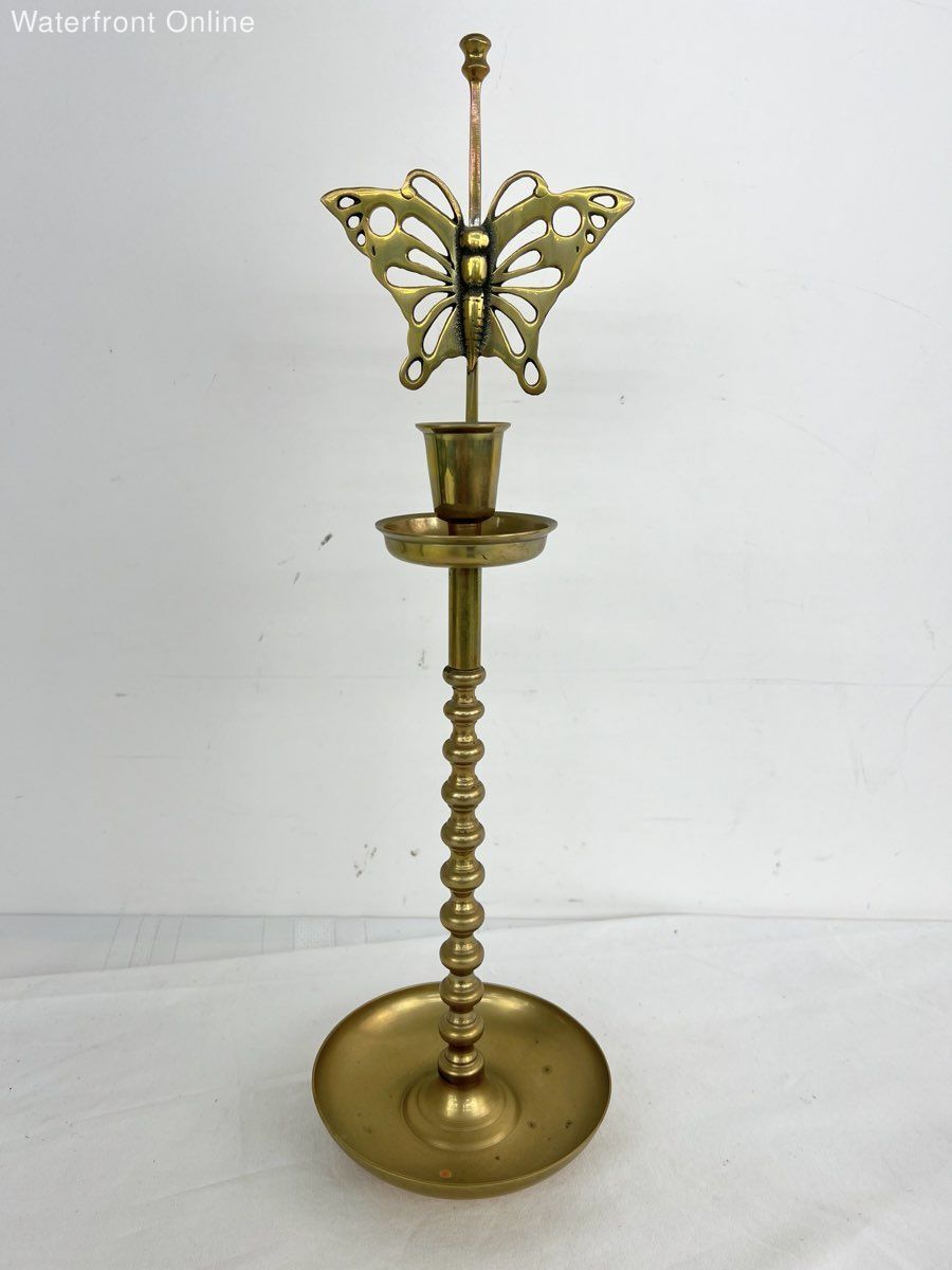 Vintage Korean Brass Candlestick Holder with Butterfly Reflector