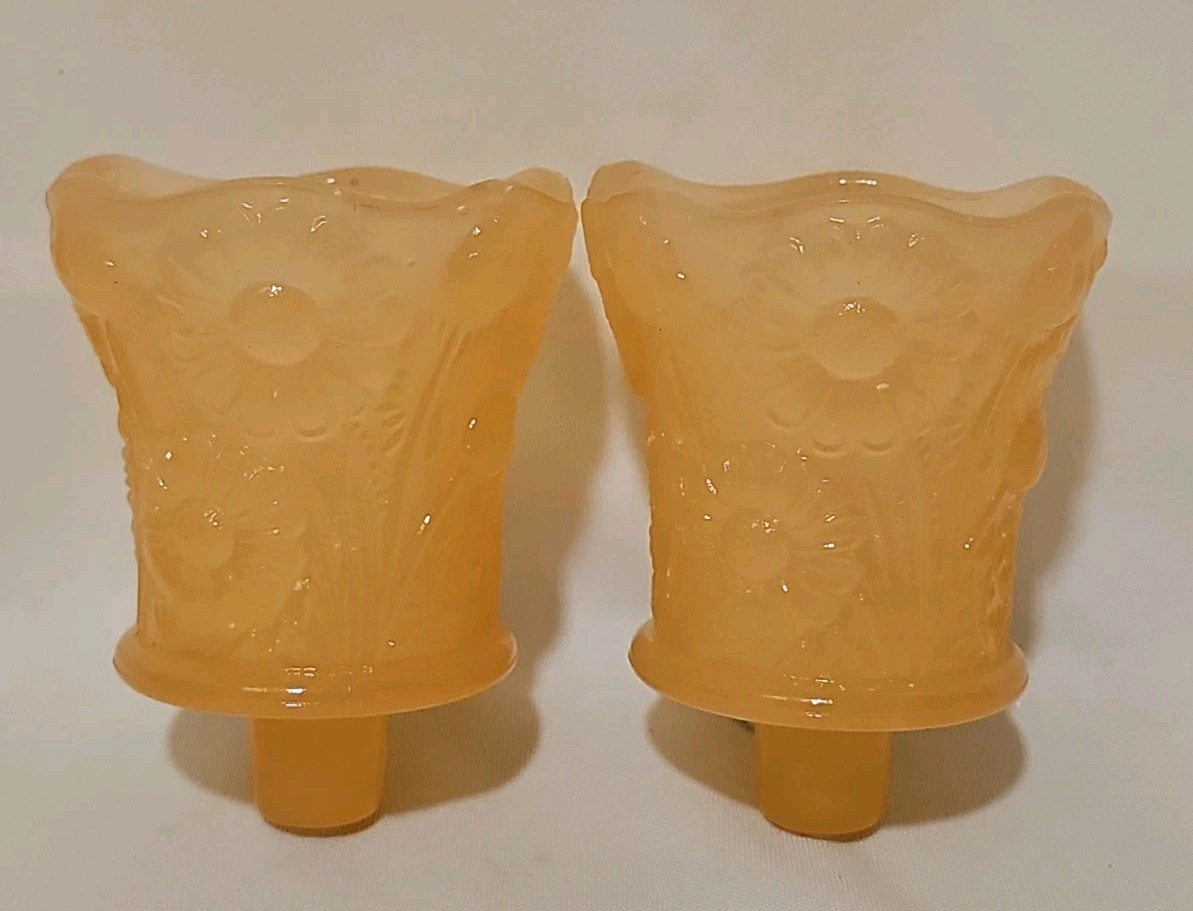 RARE MCM Peach Custard Glass Uranium Glass Glows Green Floral Peg Votives (2)