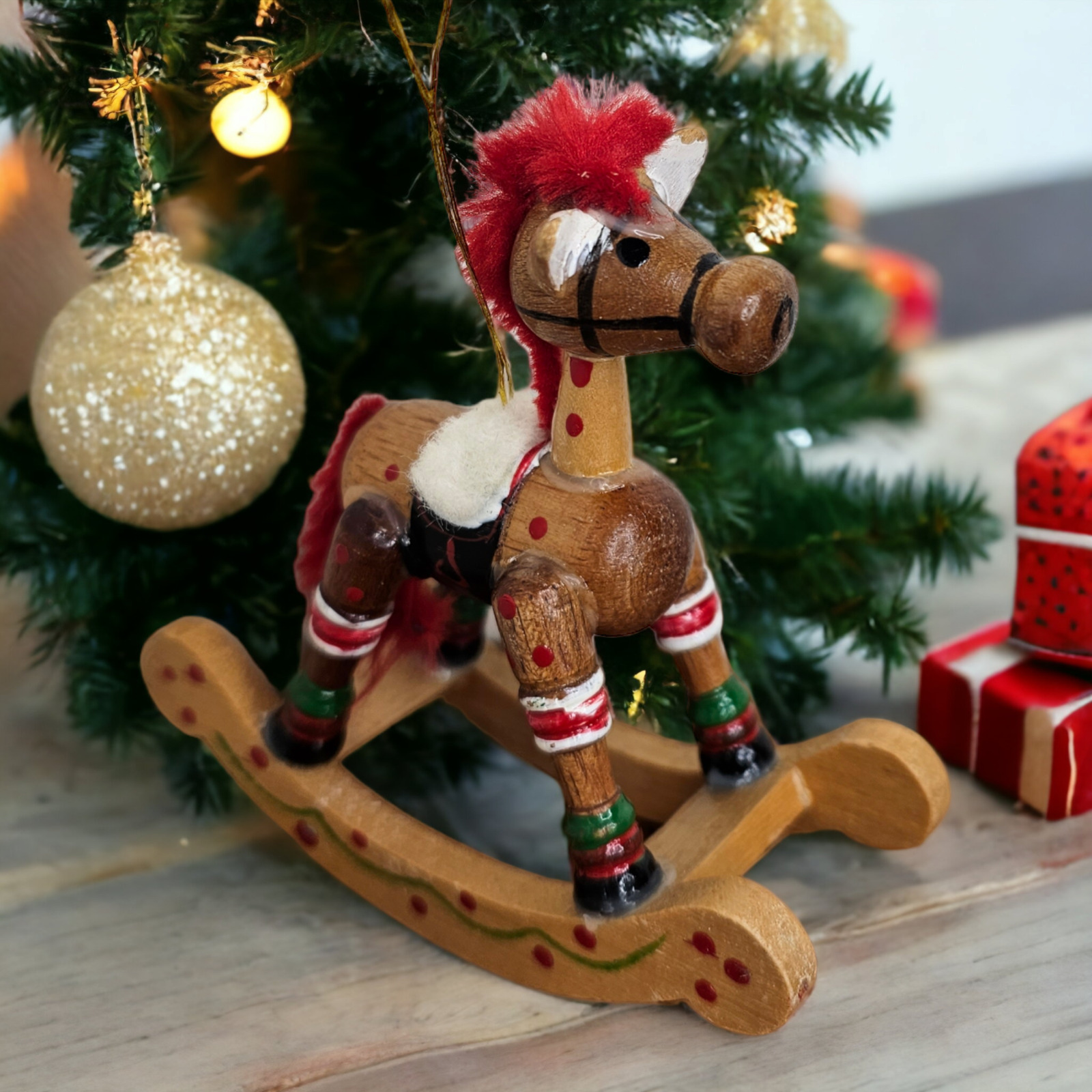 VTG Handmade Rocking Horse Christmas Ornament Wood Hand Painted 3.5\