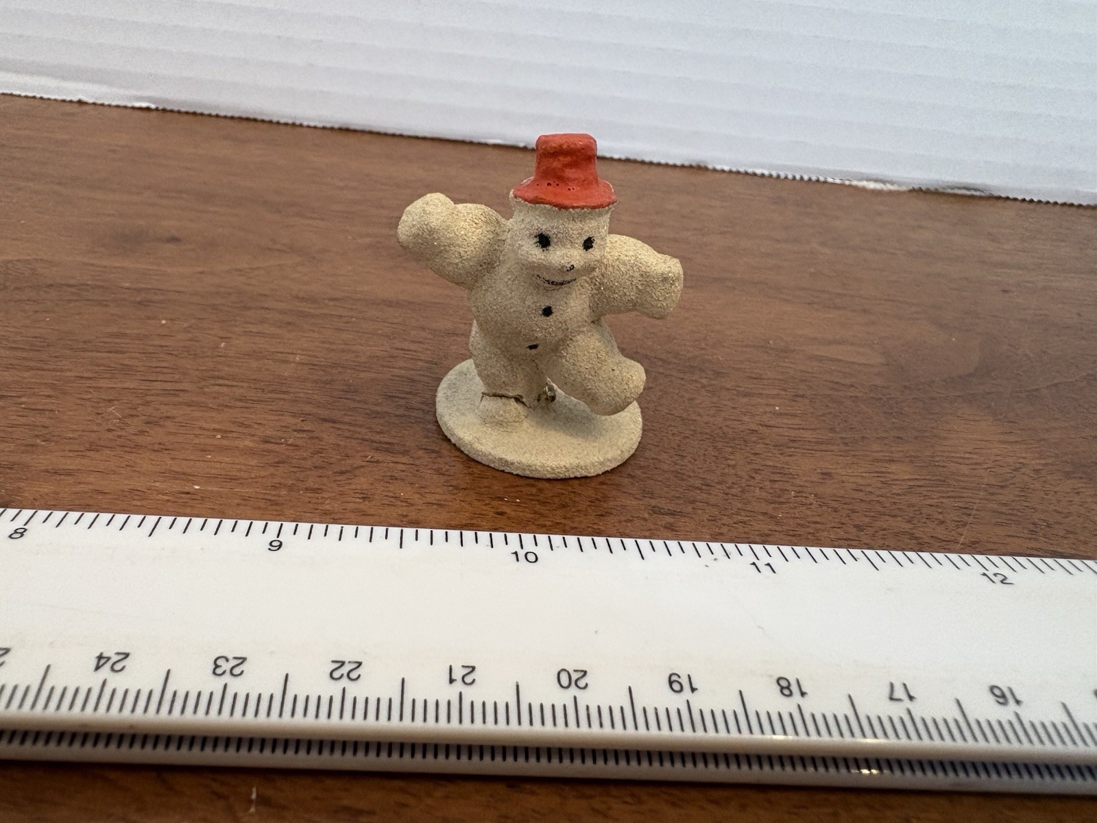 VTG 1940s Christmas Mini 2” Putz Snowman Baby W/ Red Cardboard Top Hat Germany VTG 1940s Christmas Mini 2” Putz Snowman Baby W/ Red Cardboard Top Hat Germany