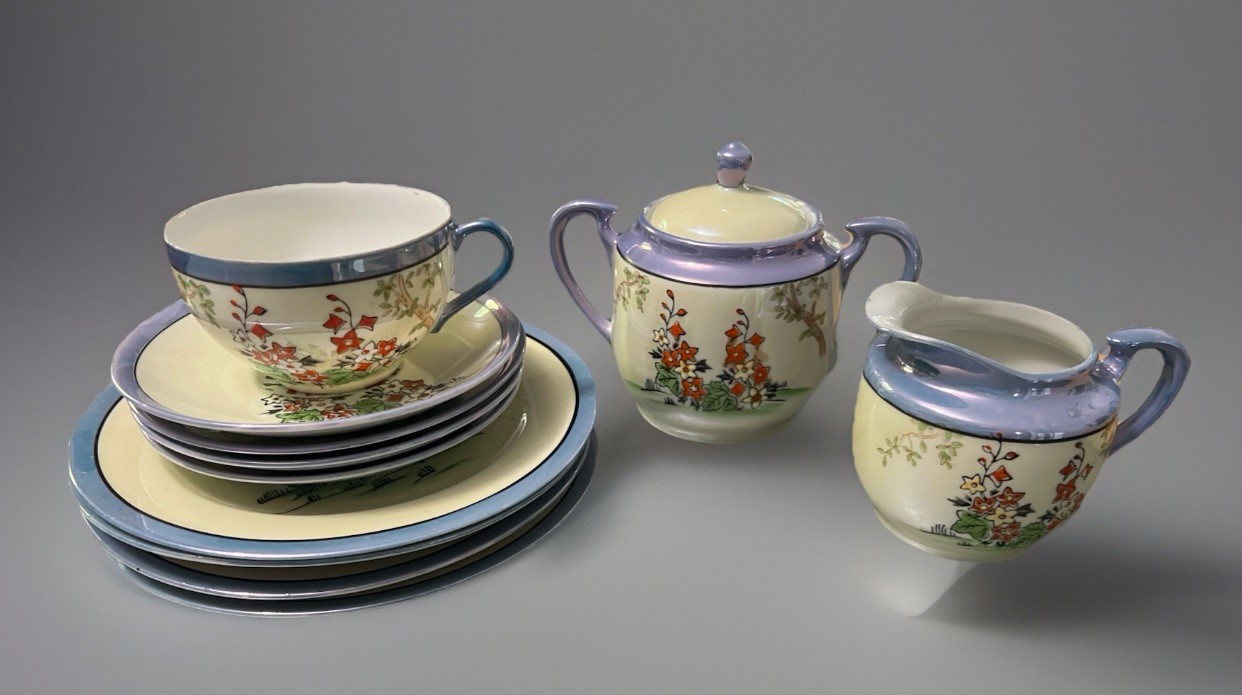 Vtg Occupied Japan Lusterware Tea Set Creamer, Sugar, Saucers, Plates KA Diamond