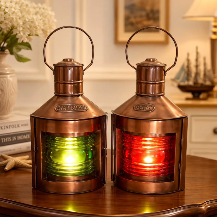 Set of 2 Antique Finish Port & Starboard Lanterns Nautical Oil Lamps Ship Light
