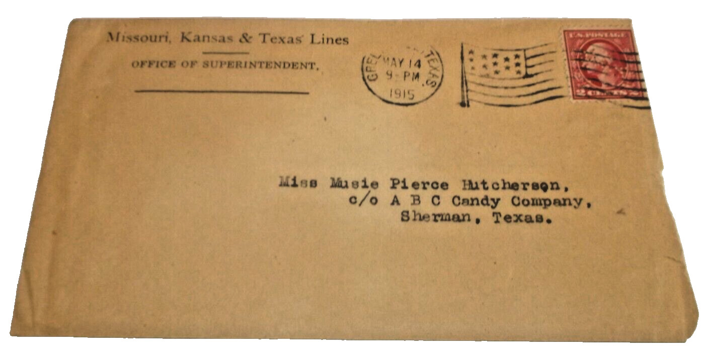 MAY 1915 MKT MISSOURI KANSAS TEXAS RAILROAD USED COMPANY ENVELOPE GREENVILLE