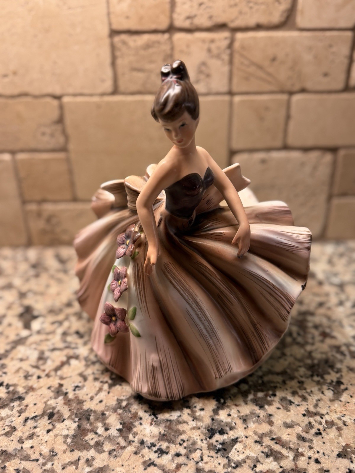 Vintage Ceramic Lefton Floral Lady Figurine Dress Bowl/Planter Brown White Pink 