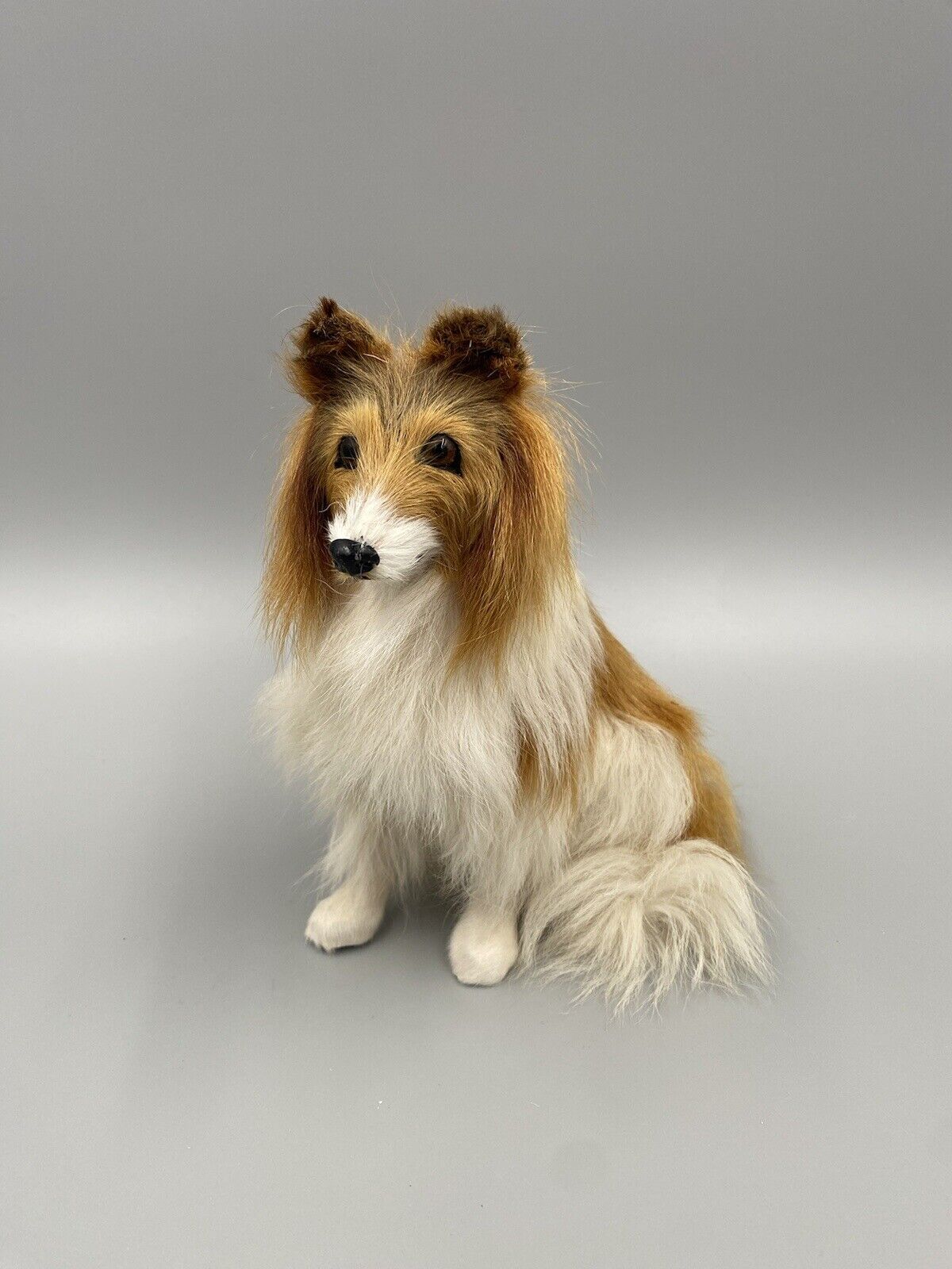 Vintage 6.5” Real Genuine Fur Brown & White Border Collie Dog Figure