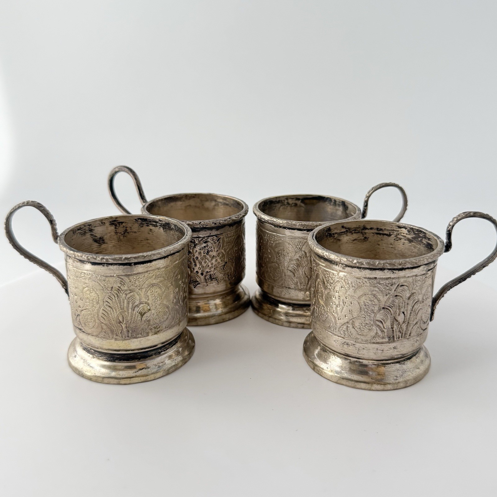 Vintage Podstakannik Tea Glass Holders Nickel Silver Engraved Set Of 4