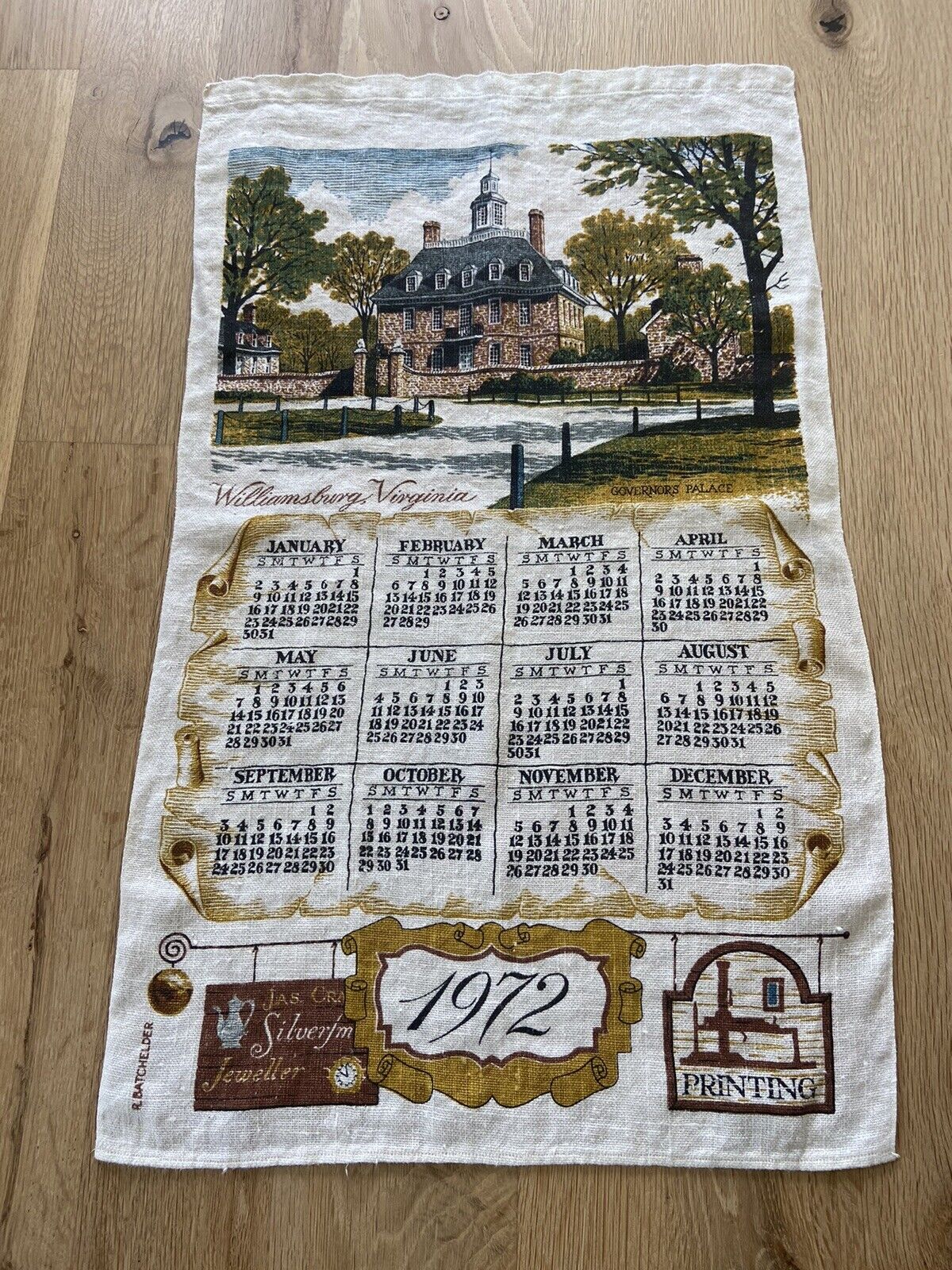 VNTG Williamsburg Virginia Governors Palace 1972 Linen Calendar Tea Towel