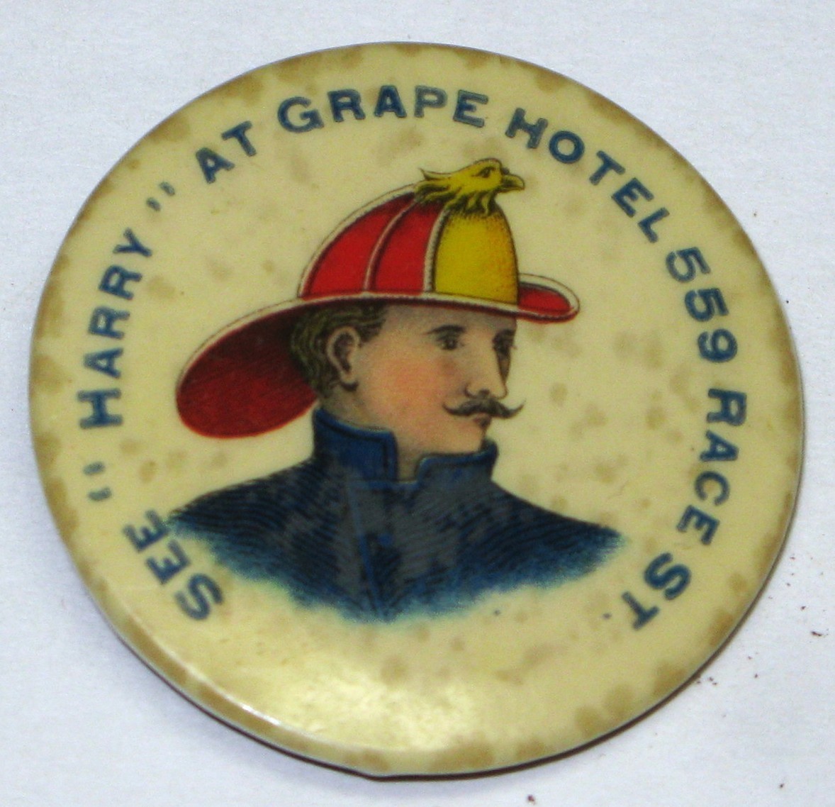 Antique C1898 Grape Hotel Fireman Pinback Button Firefighter, Harrisburg, PA Antique C1898 Grape Hotel Fireman Pinback Button Firefighter, Harrisburg, PA