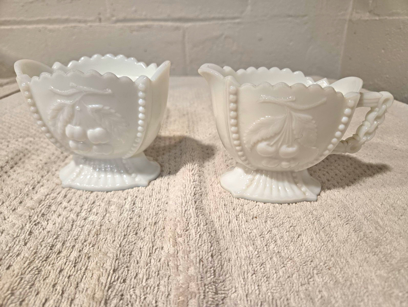 White Milk Glass Creamer & Sugar Bowl Set, Fruit Pattern, Glossy, Handles White Milk Glass Creamer & Sugar Bowl Set, Fruit Pattern, Glossy, Handles