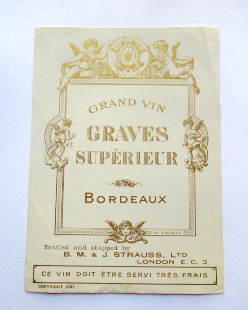 Vintage 1937 Grand Vin Graves Superieur Bordeaux Wine Label BM & J Strauss UK