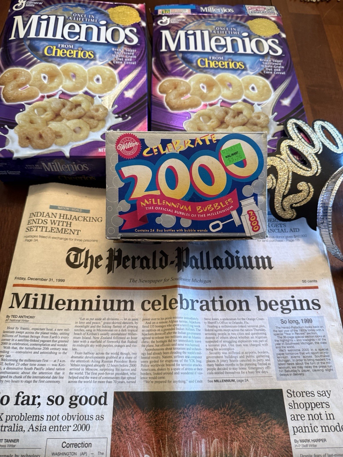 Vintage Y2K 2000 Millennium Lot Cheerios Boxes Newspaper Bubbles Party Headband