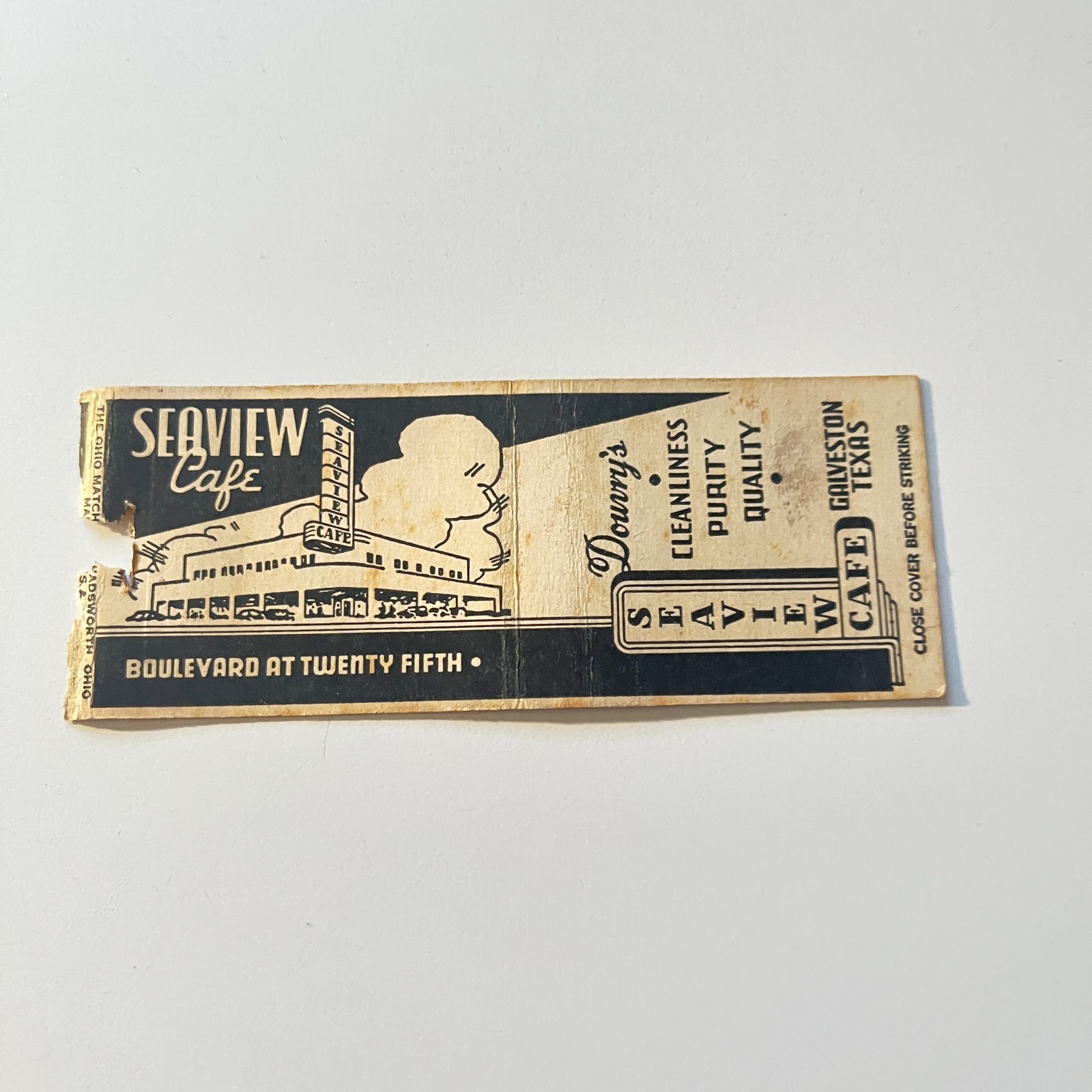 Seaview Cafe Boulevard At 25th Galveston TX Vintage Matchbook Cover 4MB113-6-1