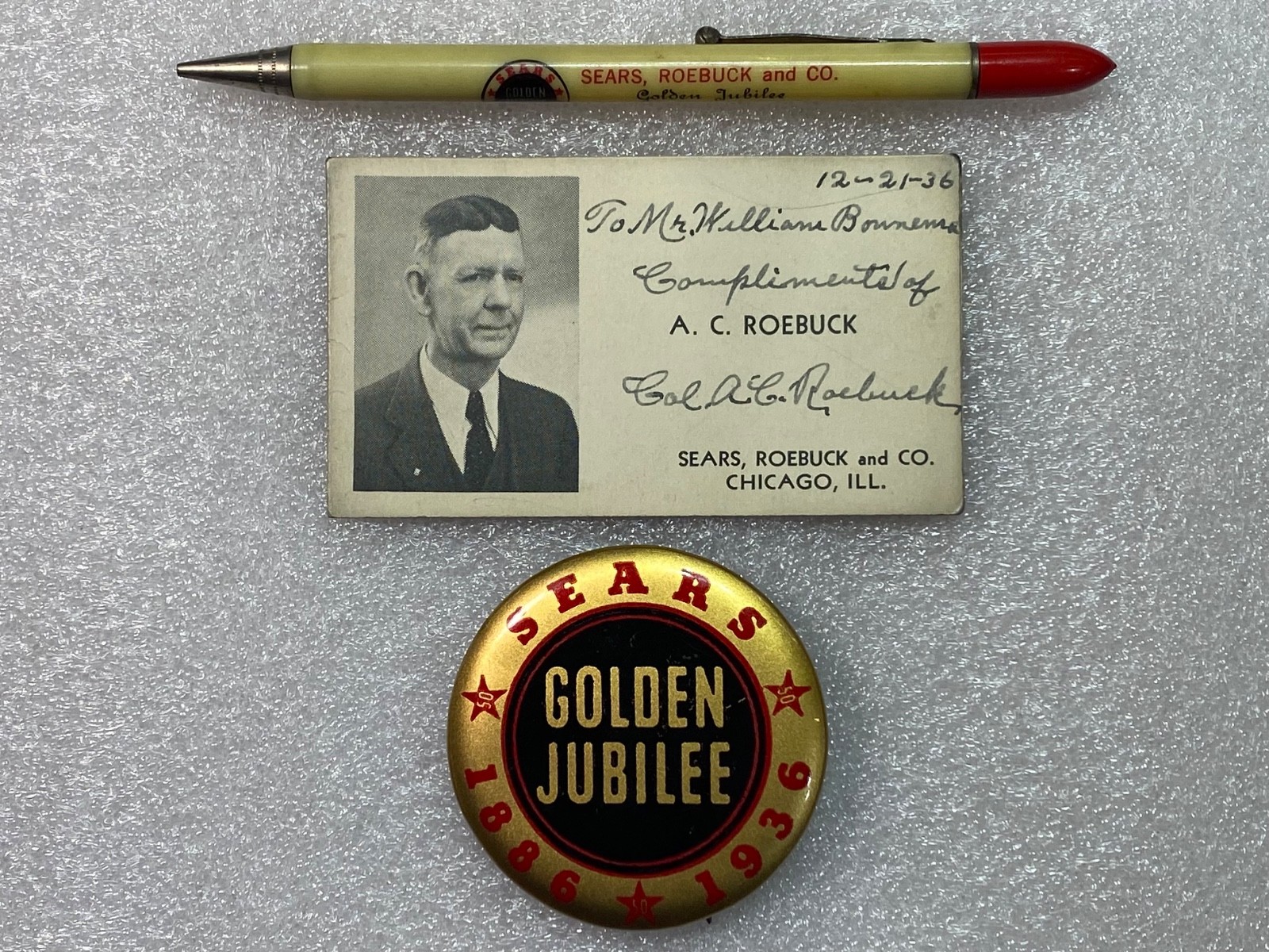 Vtg 1936 Sears Golden Jubilee 3pc Lot: Alvah Roebuck Signed Foldout Card-Pin-Pen