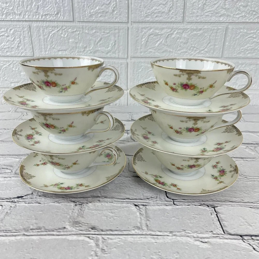 Ambassador by Meito Japan 6-Piece Floral Cup & Saucer Set Gold Trim