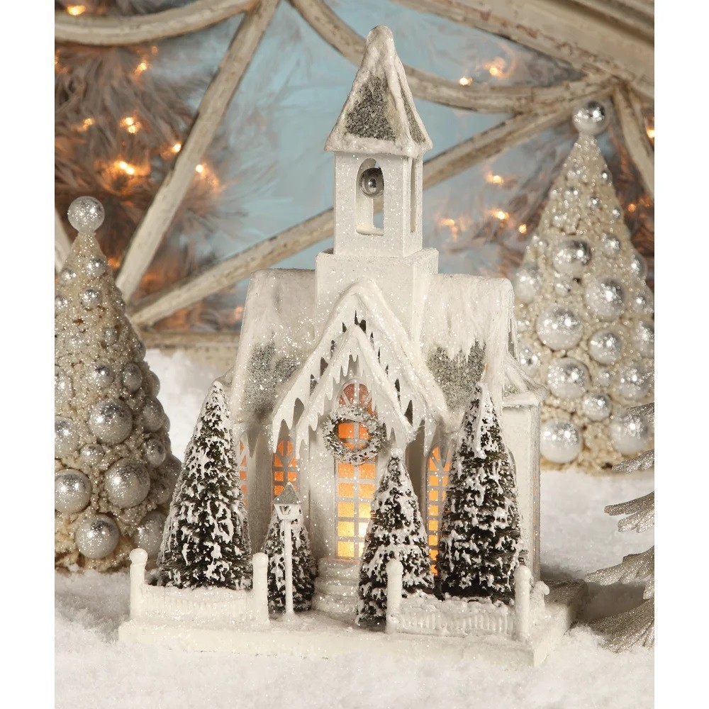 Bethany Lowe Snowy Ivory Putz Church House Trees Retro Christmas Village Decor Bethany Lowe Snowy Ivory Putz Church House Trees Retro Christmas Village Decor