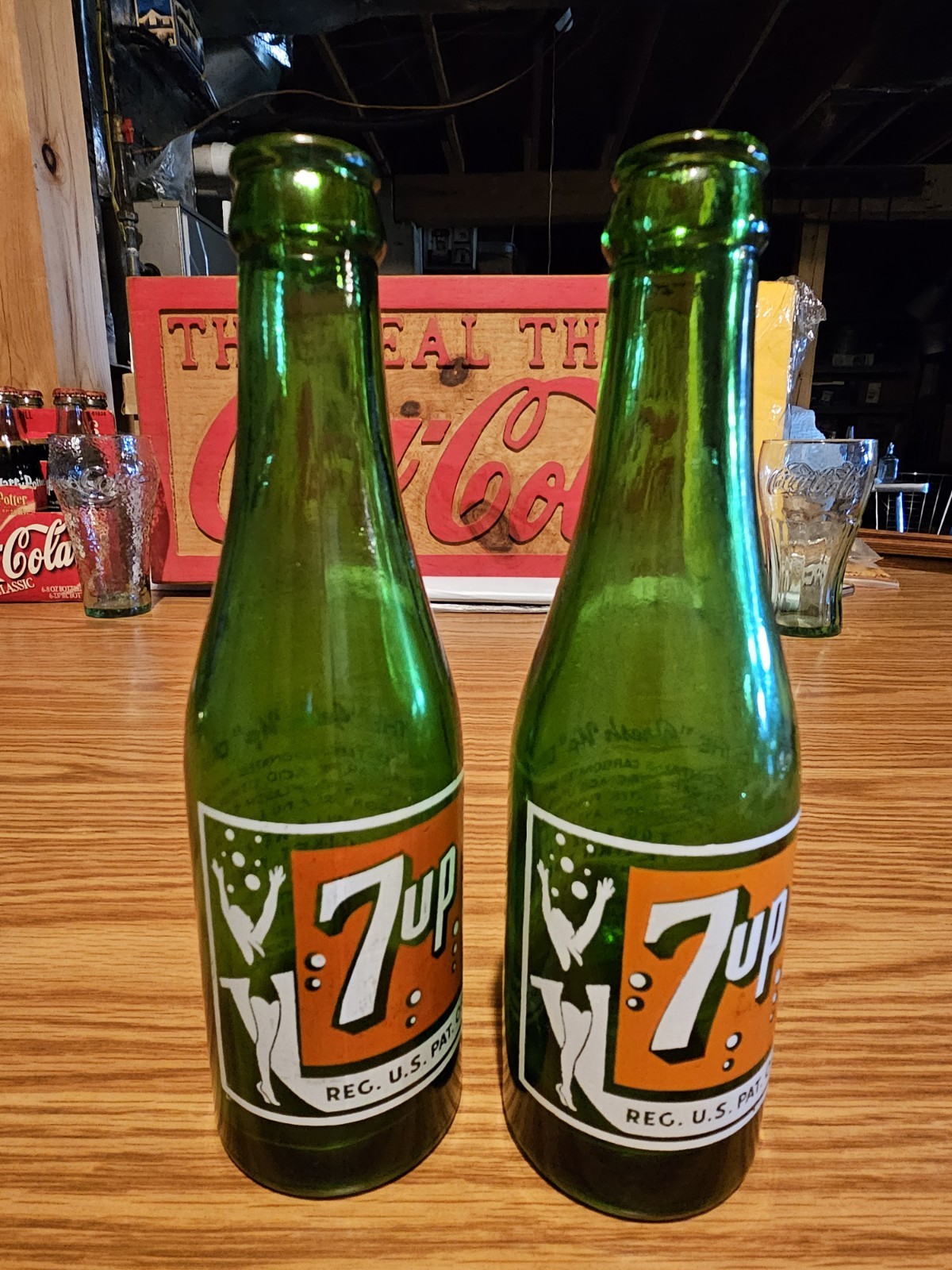 C1940s  7UP ACL 7 OUNCE BUBBLE/ BATHING SUIT GIRL GREEN GLASS BOTTLE, BOTH NICE